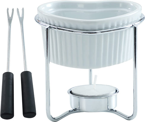 Yumchikel 2 Pieces Fondue Set, 4 oz Heart Shaped Ceramic Melting Pot with Serving Fork, Steel Stand, and Tea Light Candle, Fondue Pot Set for Melting Butter, Chocolate, Cheese and Serving Seafood