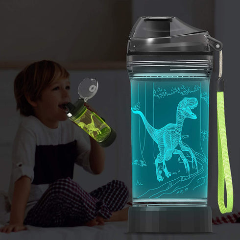 Light Up Dinosaur Water Bottle with Color Changing Night Light- 14 OZ Tritan BPA Free Eco-Friendly - Cute Velociraptor Kids Drinking Cups Gift for School Boy Girl Child Christmas Holiday