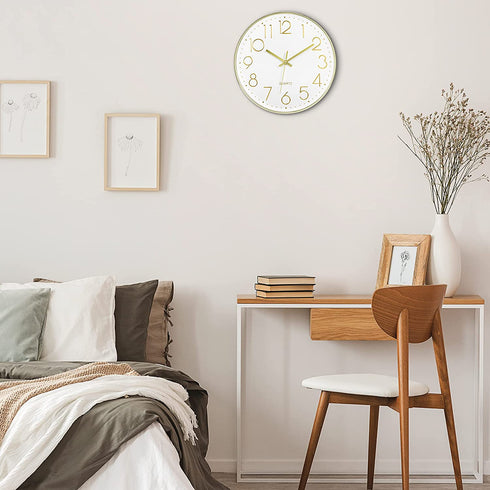 Lumuasky Modern Wall Clock, Silent Non-Ticking Battery Operated Decorative Clock for Living Room Bedrooms Office Kitchen (White Gold, 12 inch)