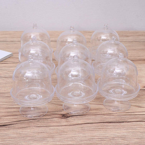 BESTONZON 12pcs Mini Candy Box Plastic Mini Cake Stand Chocolate Cupcake Candy Display Plate with Lid Birthday For Wedding Party Supplies, 3.15x2.16x2.16in (Tranparent)
