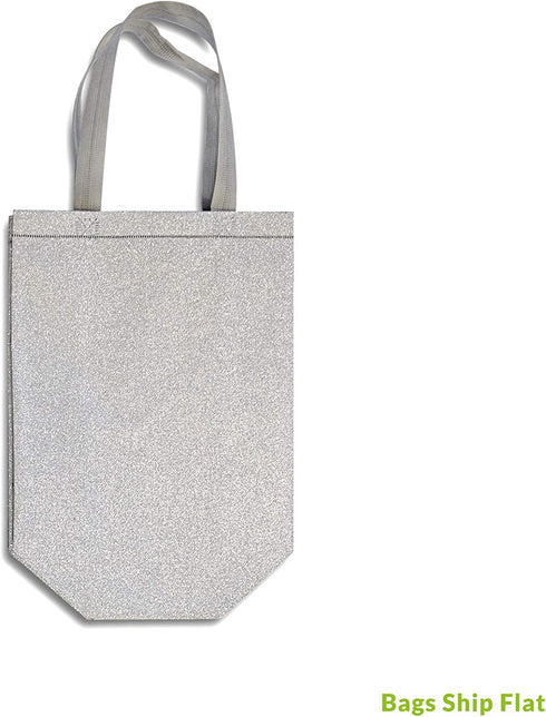 Silver Gift Bags - 12 Pack Medium Silver Reusable Gift Bag Tote with Handles, Glitter Metallic Bling Shimmer, Eco Friendly for Kids Birthdays, Bridesmaids, Party Favors, Grocery Shopping - 8x4x10