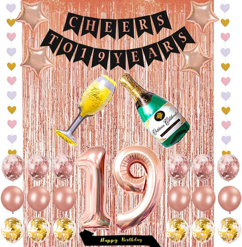 Cheers To 19 Years Banner and Balloons Happy 19th Birthday Sash and 19th Number for 19 Years Old and Anniversary Party Decorations