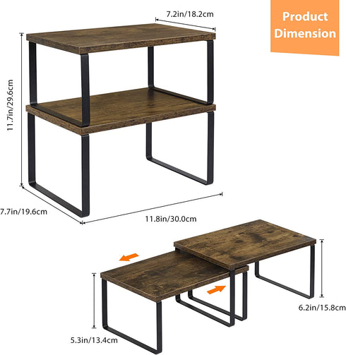 HAITRAL Set of 2 Cabinet Shelf Organizer, Wooden Kitchen Cabinet and Counter Shelf Organizer, Stackable & Expandable Kitchen Shelves Racks for Bathroom, Kitchen, Laundry Room, Rustic Brown/Black