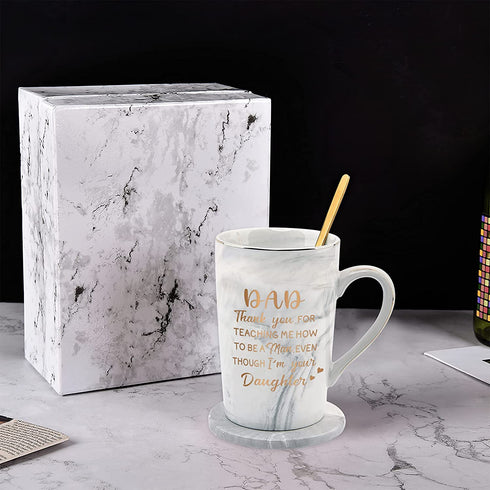 Fathers Day Mug Gifts for Dad from Daughter, Dad,Thank You For Teaching Me How To Be A Man Mug, Birthday Christmas Gifts for Dad, Funny Coffee Mugs for Dad 14Oz Gray Marble Mug with Box Spoon Coaster