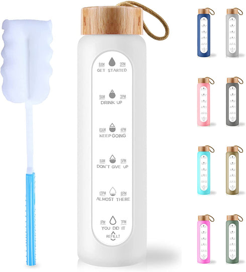 AQULEA 32 Oz Borosilicate Glass Water Bottle with Times to Drink - Wide Mouth BPA Free Glass Motivational Water Bottles with Silicone Sleeve, Bamboo Lid, Fruit Infuser, and Bonus Brush