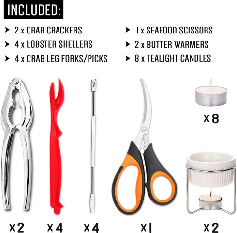 Hiware Seafood Tools Set - Crab Lobster Crackers and Picks Tools Service for 2, Includes Crab Leg Crackers, Seafood Scissors, Butter Warmers, Lobster Shellers, Crab Forks and Tealight Candles
