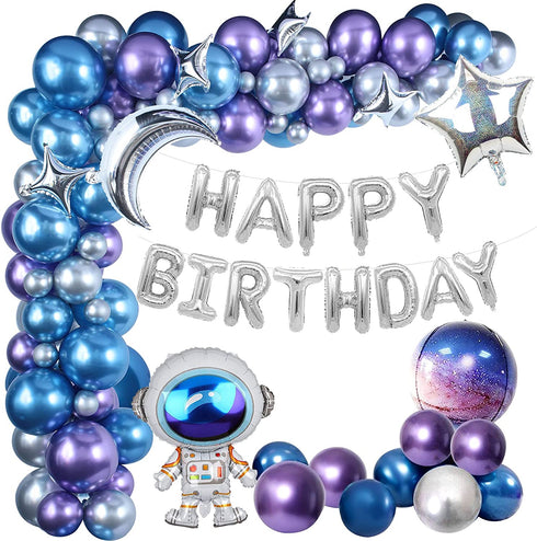 Winrayk 109PCS Outer Space Birthday Party Decoration Metallic Balloon Garland Arch Kit with Happy Birthday Galaxy Rocket Astronaut Moon Star Foil Balloons for Boy Kid Birthday Party Decoration Supply