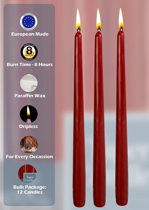 12 Pack Tall Taper Candles - 10 Inch Burgundy Dripless, Unscented Dinner Candle - Paraffin Wax with Cotton Wicks - 8 Hour Burn Time