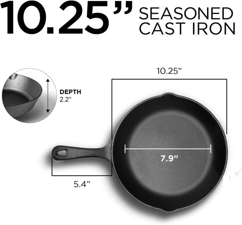 COMMERCIAL CHEF 10.25 Inch Preseasoned Cast Iron Skillet, Cast Iron Pan with Dual Pour Spouts