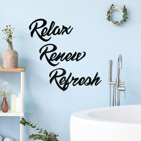 Hotop 3 Pieces Farmhouse Bathroom Metal Wall Signs Bathroom Metal Letter Sign Decor Relax Renew Refresh Metal Sign Bathroom Metal Wall Art Decor Black Metal Bathroom Wall Decor for Home Decoration