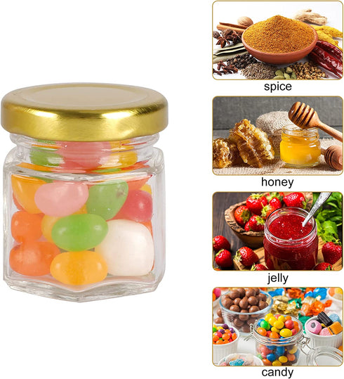 1.5oz Hexagon Mini Glass Jars with Lids,30pcs Honey Jars Small Spice Jars with Stickers, Brush for Baby Showers, Wedding Favors, Party Favors,Herbs, Spices, Jams