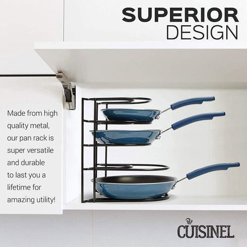 Heavy Duty Pan Organizer, 5 Tier Rack - Holds up to 50 LB - For Cast Iron Skillets, Griddles and Shallow Pots - Durable Steel Construction - Space Saving Kitchen Cabinet Storage - No Assembly Required