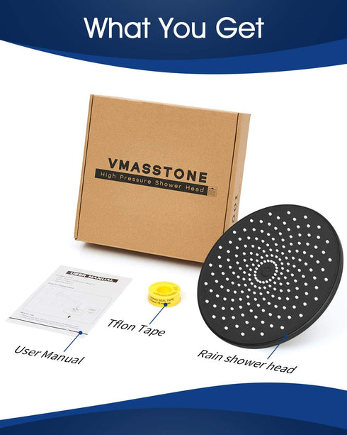 Rain Shower Head VMASSTONE 9In High Pressure Showerhead - Tool Free Installation- with Large Spray Surfaces and 200 Nozzles for Delicate and Unstimulate Shower Experience (EM-001 Matte Black/Black)