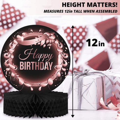 Birthday Table Centerpiece Decorations -5-Pack Double Sided Cardstock & Tissue Paper Honeycomb Happy Birthday Decoration - 12 Rose Gold Birthday Party Decorations Centerpieces for Table Decorations