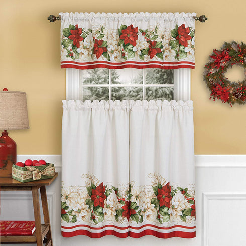 Red and White Poinsettia Elegant Holiday Christmas Kitchen/Caf© and Bath Tiers and Valance, 3 Piece Set