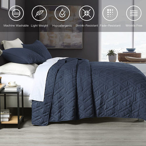 Quilt Set Queen Size Navy Blue, Classic Geometric Diamond Stitched Pattern, Pre-Washed Ultra Soft Lightweight Quilted Bedspread Coverlet for All Season