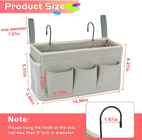 Loghot Bedside Caddy/Bedside Storage Bag Hanging Organizer for Bunk and Hospital Beds, Dorm Rooms Bed Rails, Bedside Organizer with Fixed Straps and Water Bottle Holder (New Grey)