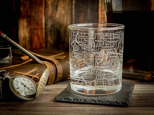 Greenline Goods Whiskey Glasses - 10 Oz Tumbler Set for Seattle lovers, Etched with Seattle Map | Old Fashioned Rocks Glass - Set of 2