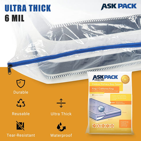 King/California King - Mattress Bag Enhanced with Zipper 6 mil Ultra Thick for Moving & Long-Term Storage - Tear Resistant and Waterproof - Ultra Heavy Duty