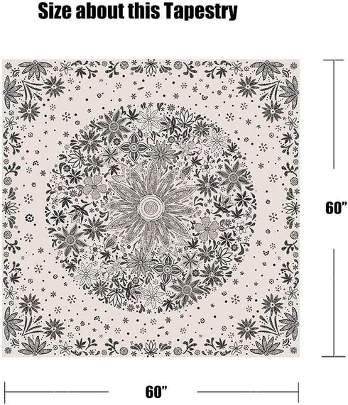 Neasow Bohemian Tapestry Wall Hanging, Beige White Floral Tapestry with Dotted Daisy Medallion Print Bedroom Boho Hippie Home Decor, 60×60 inches