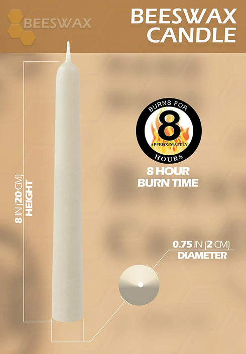 Hyoola 8" Beeswax Taper Candles - 8 Hour Burn Time - White Beeswax Candles - 4 Pack