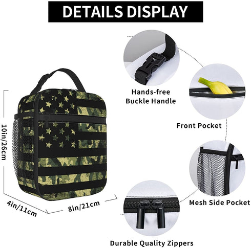 PrelerDIY Camouflage American Flag Lunch Box - Insulated Lunch Bags for Women/Men/Girls/Boys Detachable Handle Lunchbox Meal Tote Bag