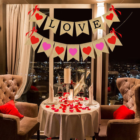 Valentines Day Decorations, Burlap Love Banner with Heart Garland Valentine's Day Banner for Wedding Anniversary Engagement Decorations, No DIY