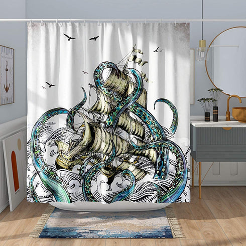 DESIHOM Kraken Octopus Shower Curtain Anime Nautical Shower Curtain Cool Ocean Sailboat Shower Curtain Polyester 72x72 Inch