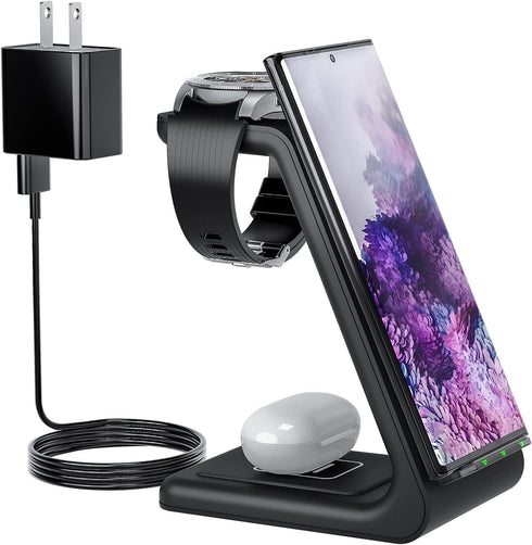 Wireless Charging Station for Samsung, Earteana 3 in 1 Wireless Stand Dock for Samsung S22/S21/S20/S10/Note 20/Note 10, Galaxy Watch 4/3/Active/2/Gear S3, Buds+/Live, 18W QC Adapter Included (Black)