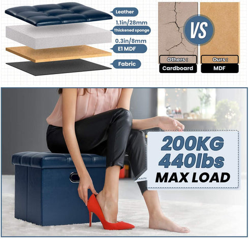 COSYLAND Storage Ottoman 17x13x13in Leather Ottoman Rectangle Footrest Footstool Folding Ottoman for Room Dorm Small Collapsible Bench Seat Organizer Entryway Furniture with Handles Lid Royal Blue