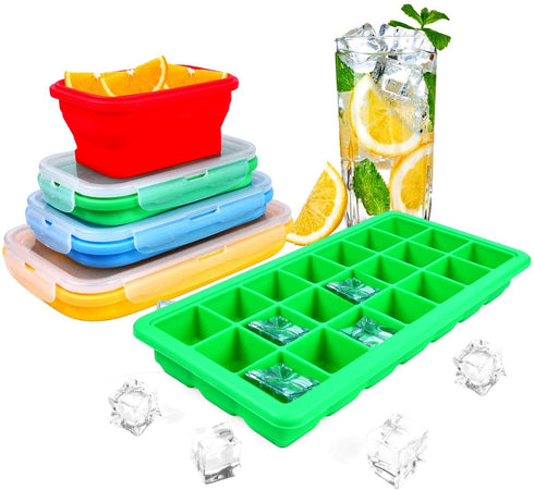 Collapsible Silicone Storage Set of 4 Plus Bonus Ice Tray - BPA Free, Microwave, Dishwasher And Freezer Safe