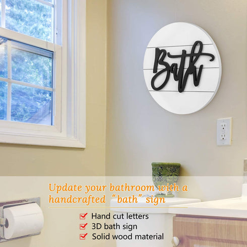Modern Rustic 3D Bath Sign,Shiplap Farmhouse Bathroom Round Sign for Wall Hanging Decor, Handcrafted œBath? Sign Home Wooden Sign (White)