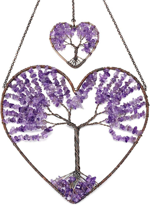PESOENTH Amethyst Heart Tree of Life Dream Catcher Hanging Ornament Bohemian Purple Double Hearts Tree of Life Wall Art Window Car Hanging Decorations for Home Bedroom Decor