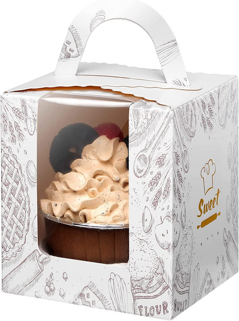 50Pcs Cupcake Boxes Individual,LittleDirigible Portable Single Cupcake Carrier with Window Insert Handle,Pastry Muffins Boxes for Wedding Birthday Party
