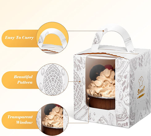 50Pcs Cupcake Boxes Individual,LittleDirigible Portable Single Cupcake Carrier with Window Insert Handle,Pastry Muffins Boxes for Wedding Birthday Party