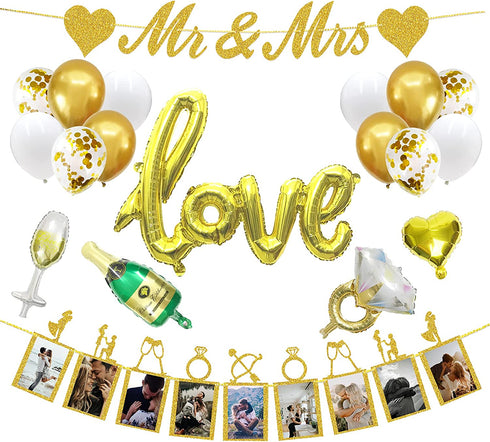 Wedding Decorations,Mr & Mrs Banner, Photo Banner and Set of 12+5 distinctive Balloons for Wedding/Anniversary/Engagement/Valentines Day Party