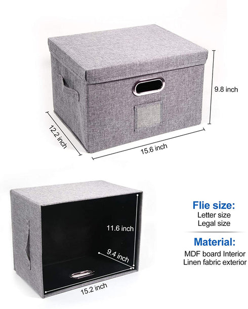 File Storage Organizer, Collapsible Office File Boxes with Lid, Linen Filing Hanging Folder Document Organizers for Letter/Legal Size with Slide Rails