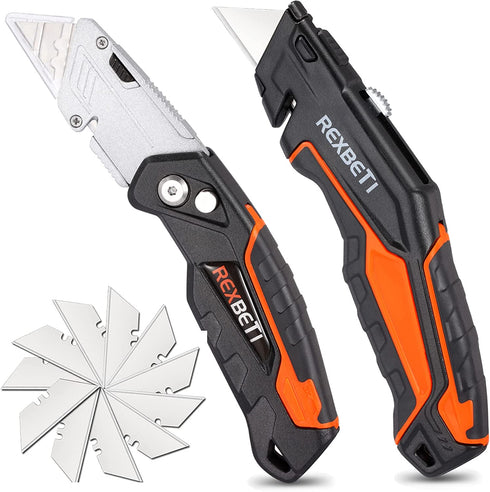 REXBETI 2-Pack Utility Knife, SK5 Heavy Duty Retractable Box Cutter for Cartons, Cardboard and Boxes, Blade Storage Design, Extra 10 Blades Included