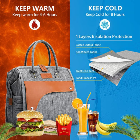 Insulated Lunch Bags for Women Men,Adult Lunch Box Large,Leakproof Lunchbox for Girl,Multi-Pocket Tote Lunch Bag Reusable Cooler Bag for Work, Office, Picnic, Outdoor (Leather/Brown)