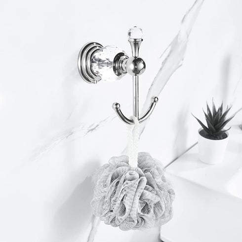 BATHSIR Crystal Robe Hook, Chrome Towel Hook for Bathroom Wall Mounted Silver Double Coat Hook