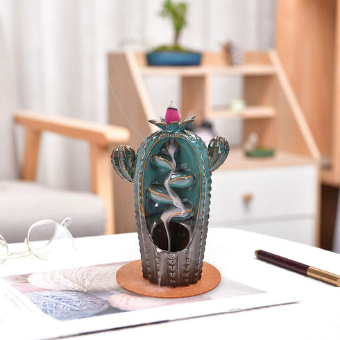 Backflow Incense Burner Cactus-like Waterfall Ceramic Incense Holder- Aromatherapy Ornament with 20 Incense Cones +30 Incense Sticks +1 Mat +1 Tweezer for Home Office Yoga Decor Gift