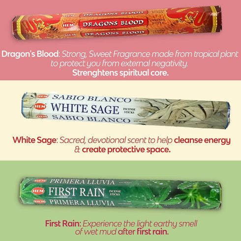 Hem Premium Incense & Incense Holders Set - (120 Incense Sticks, 6 Scents + Free Holder) | Lavender Incense, Dragons Blood, First Rain, Patchouli Incense, Frankincense Incense & White Sage Incense