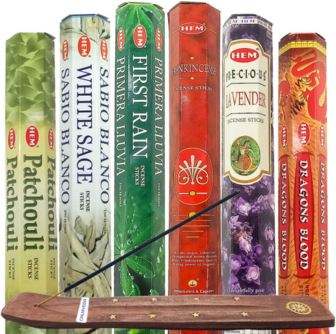 Hem Premium Incense & Incense Holders Set - (120 Incense Sticks, 6 Scents + Free Holder) | Lavender Incense, Dragons Blood, First Rain, Patchouli Incense, Frankincense Incense & White Sage Incense