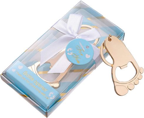 12 Pack Footprint Keychain Bottle Opener Baby Shower Favors for Guests,Boy Baby Shower Souvenirs Bottle Opener,Boy or Girl Baby Shower Decoration Supplies (Gold Blue, 12)
