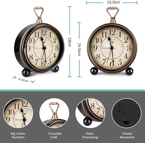 Classic Retro Alarm Clock, INTSUN Bed Alarm Clock Battery Operated Desk Clock Shelf Decor Metal Silent Alarm Clock for Bedrooms, Non Ticking (Black, Battery Excluded)