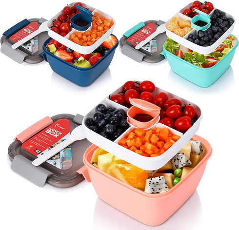 3 Pack Salad Lunch Containers To Go, Vivimee 52 Oz & 38 Oz Large Lunch Containers, 3-Compartment with Dressing Container, Built-in spoon, Reusable Salad Bowl, Salad Containers for Lunch, Fruit, Snack