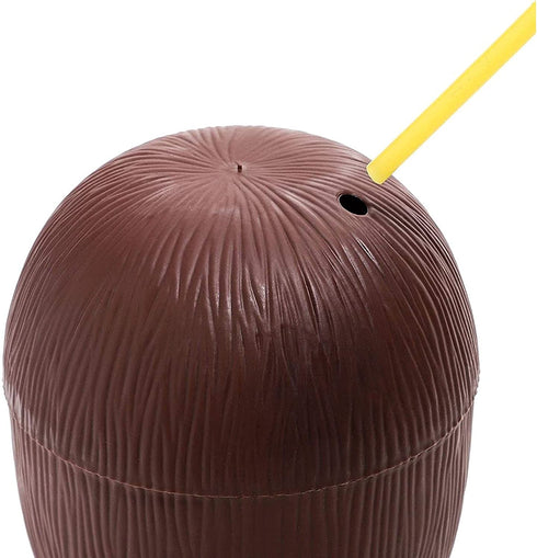 Juvale 12-Pack 16 Ounce Plastic Coconut Cups with Straws, Hawaiian Tropical Luau Party Supplies