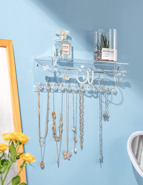 Acrylic Necklace Holder with Shelf, 12 Diamond Shape Hooks and Removable Bracelet Rod, Wall Mounted Jewelry Organizer Hanging Necklace Organizer Wall Jewelry Rack