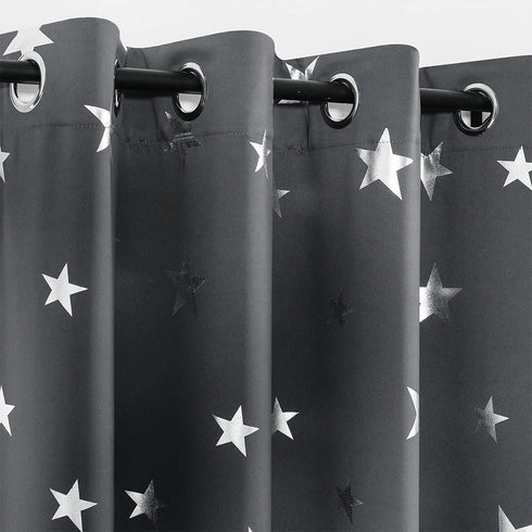 Anjee Kids Blackout Curtains for Bedroom Nursery 2 Panels Space Grey Stars Window Drapess 84 Inch Long Silver Foil Printed Thermal Insulated Living Room Darkening Playhouses, Space Gray 52x84 Inches