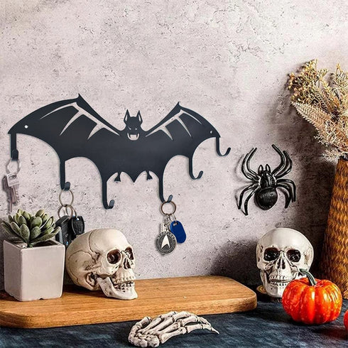 Bat Key Holder for Wall Halloween Theme Metal Key Rack with 6 Hooks Coat Hat Organizer Hanger for Entryway Hallway Kitchen Office Decorative Black 16.5 x 9.4 Inch